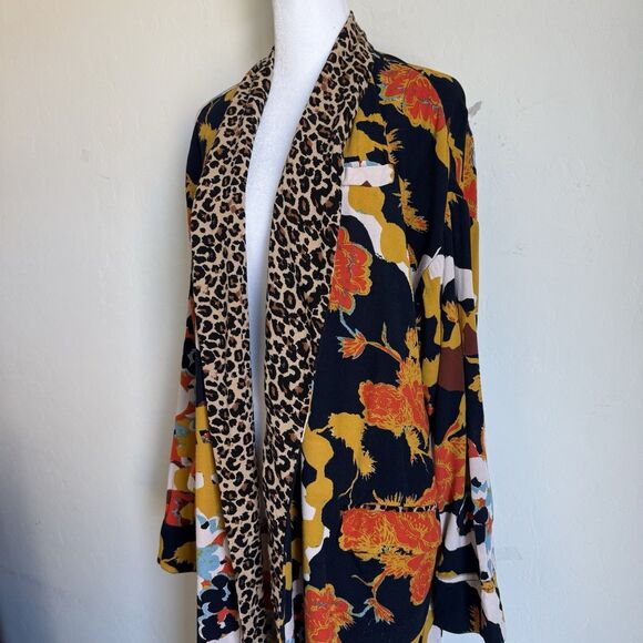 Free People Size S Wild Nights Duster Open Front Floral Print Leopard Trim Boho - Picture 3 of 13